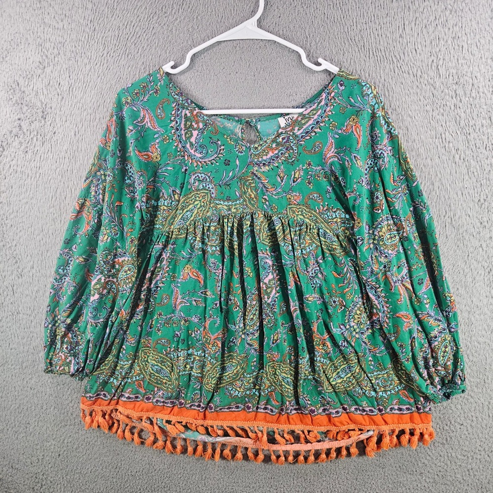 Ivy Jane Green Paisley Babydoll Top Tassel Trim Boho Blouse Womens Small‎